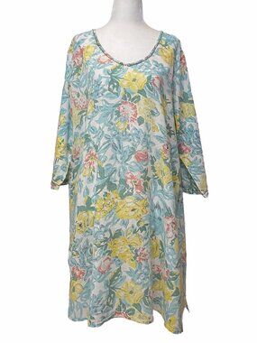 April Cornell Cotton Floral Kaftan Dress Pastel Blue Yellow Sz XL Boho Midi